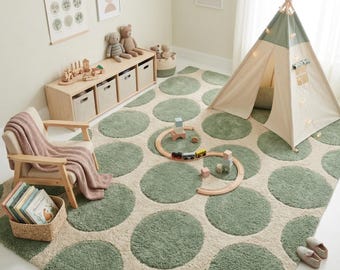 Handmade Sage Green Polka Dot Wool Rug, Soft Tufted Area Rug for Modern Nursery, Kids Playroom or Aesthetic Cozy Bedroom Decor, Large Carpet