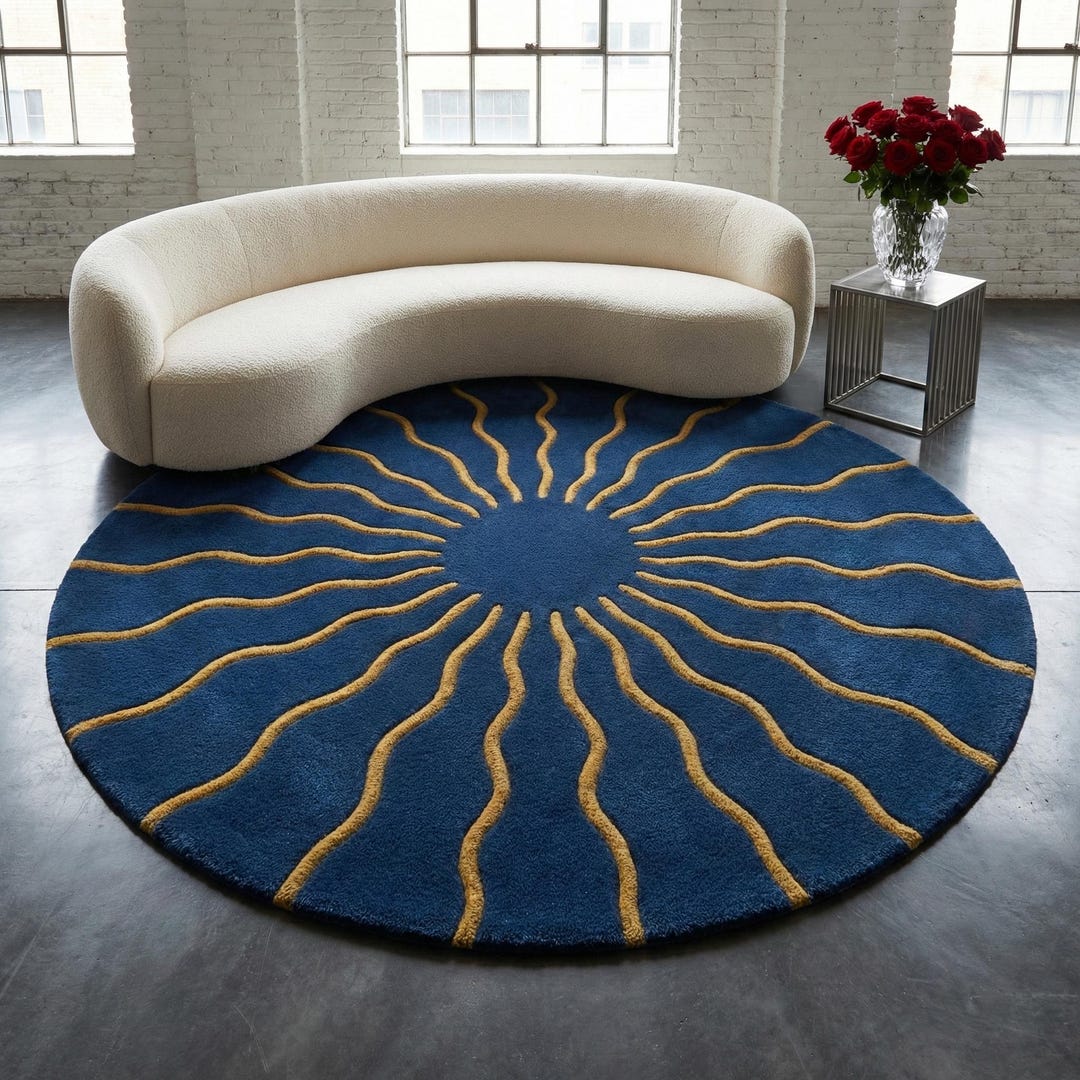 Blue Gold Sunburst Round Wool Rug, Hand Tufted Carpet, Modern Area Rug ...