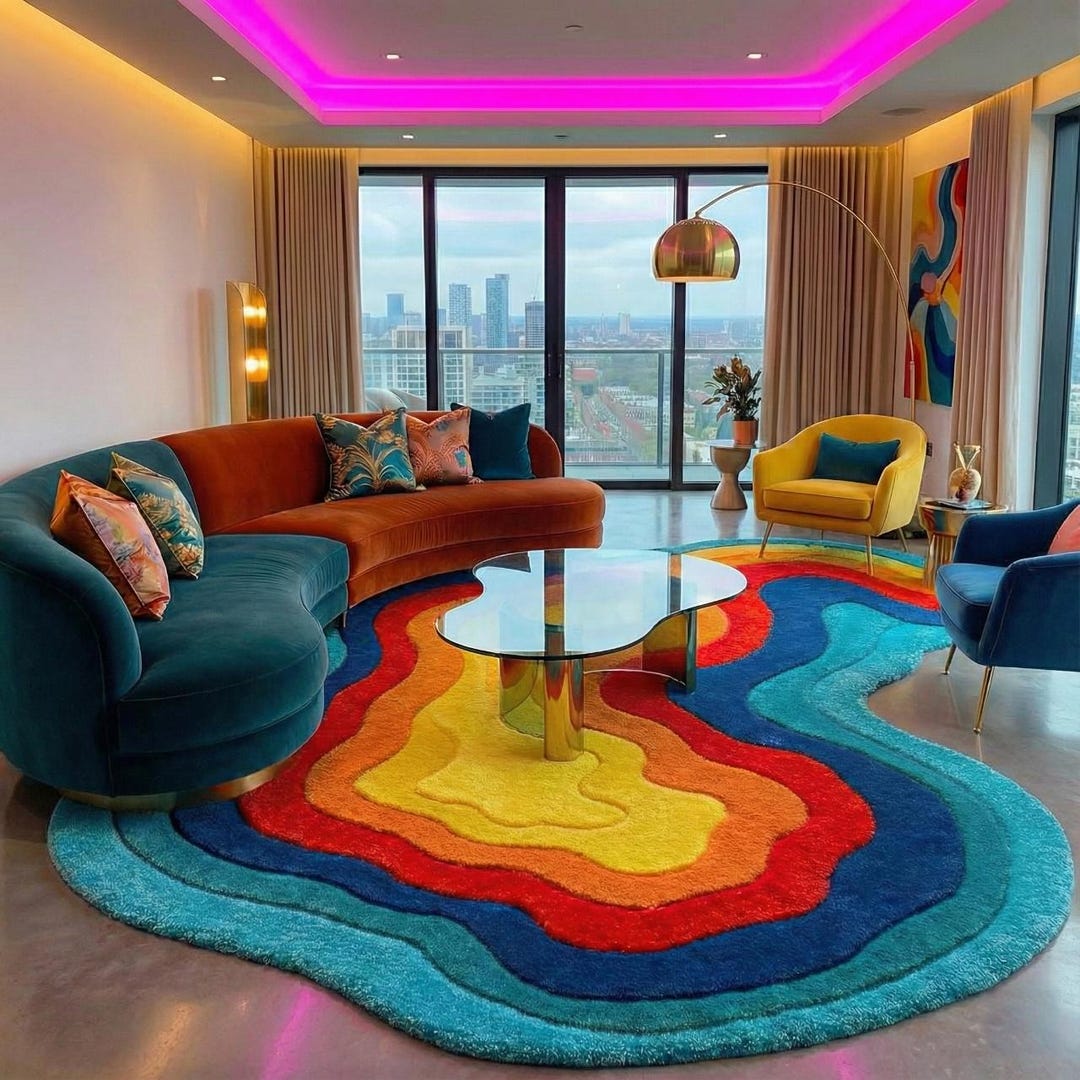 Rainbow Abstract Wool Rug, Hand Tufted Modern Area Rug, Colorful Wavy ...
