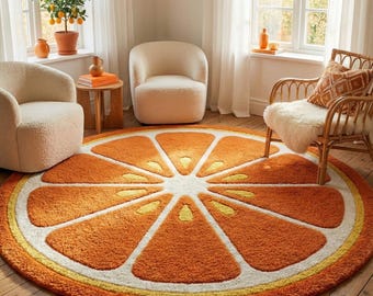 Orangenscheibe Runder Wollteppich, handgetuftete Bodenkunst in Zitrusfruchtform für Kinderzimmer, Spielzimmer, 70er Jahre Groovy Boho Decor