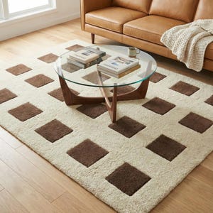 Hand Tufted Wool Rug, Brown & Cream Checkered Pattern, Minimalist Geometric Grid Area Rug, Mid Century Modern Living Room Floor Decor
