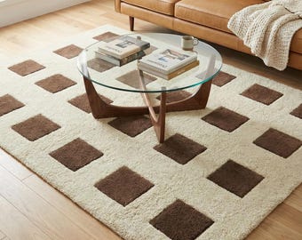 Hand Tufted Wool Rug, Brown & Cream Checkered Pattern, Minimalist Geometric Grid Area Rug, Mid Century Modern Living Room Floor Decor