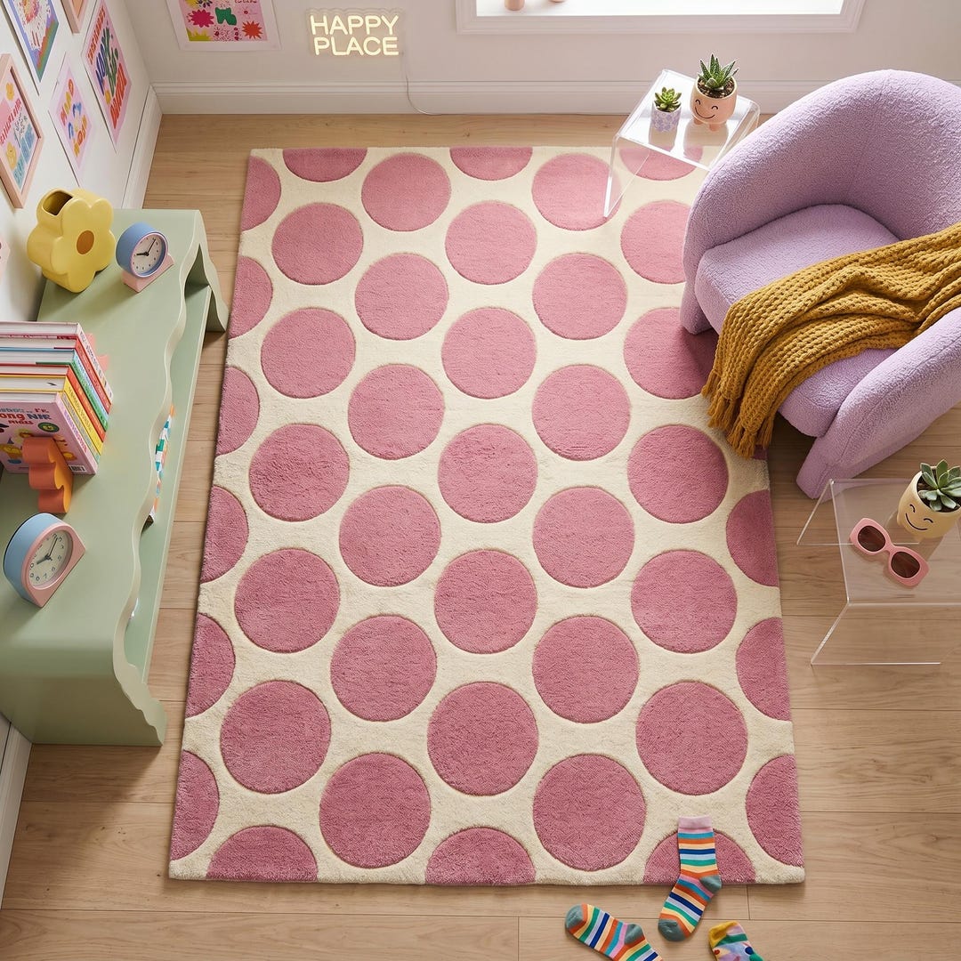 Handmade Rug Cute Cute Pink Polka Dot Rug, Geometric Hand Tufted Wool Area Rug for Kids ...