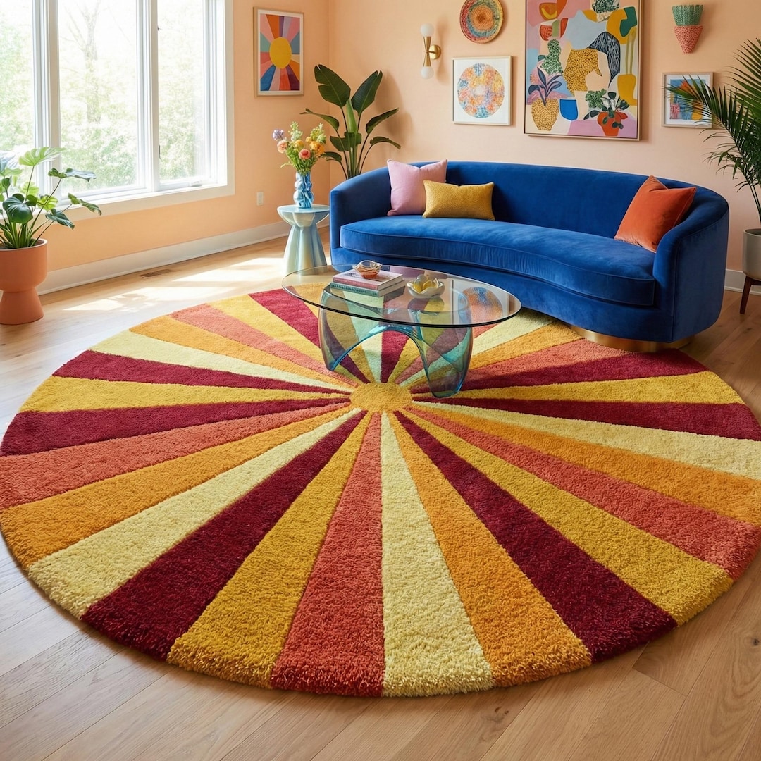 Multicolour Retro Rug Retro Round Sunburst Hand Tufted Wool Rug - 70s Mid Century Modern ...
