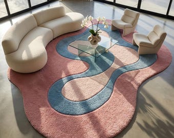 Pink Wavy Hand Tufted Wool Area Rug, Irregular Blob Rug, Funky Retro Decor, Handmade Pastel Soft Plush Carpet, Living Room, Nursery, Kids