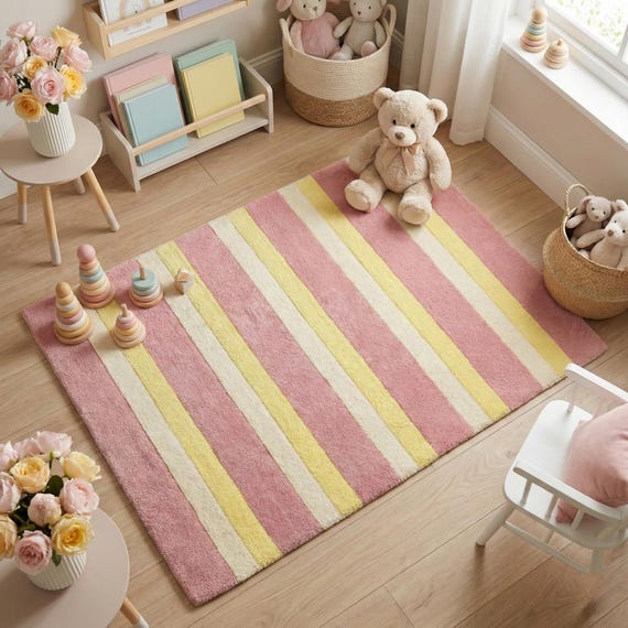 Handgetufteter Wollteppich, Rosa & Gelb Gestreifte Weicher Teppich für Baby Mädchen Zimmer, Moderne Kinder Spielzimmer Teppich, Großer Pastell Plüsch Teppich