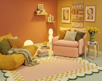 Alfombra de tablero de ajedrez ondulado con bordes festoneados, alfombra de lana tejida a mano, alfombra de estética pastel retro para sala de estar moderna, decoración Dopamine, decoración Y2K