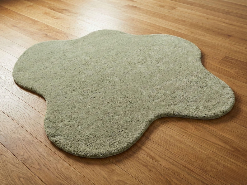 Sage Green Hand Tufted Wool Area Rug, Wavy Blob Organic Shape Irregular ...