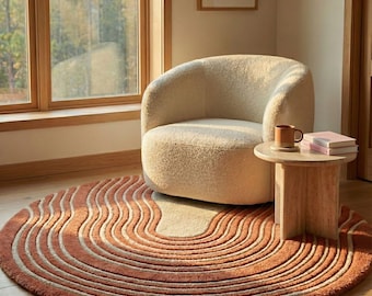 Hand Tufted Wool Rug - Round Wavy Abstract Terracotta Area Rug - 3D Textured Burnt Orange Nursery Decor - Mid Century Modern Circular Carpet