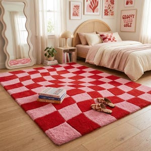 Pink and Red Wavy Checkerboard Rug, Funky Hand Tufted Wool Area Carpet, Groovy Retro Dopamine Decor for Bedroom Living Room, Plush Floor Art
