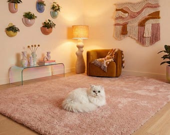 Blush Pink Hand Tufted Wool Rug for Nursery, Soft Plush Handmade Area Rug for Bedroom Decor, Thick High Pile Luxury Living Room Carpet