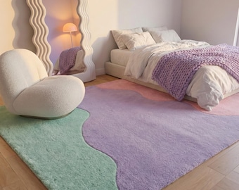 Wavy Danish Pastel Wool Area Rug, Hand Tufted Pink Lavender Mint Rug, Curvy Nursery Decor, Funky Kids Room Sage Handmade Plush Large Carpet