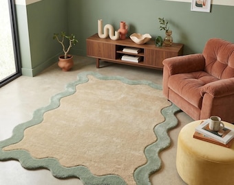 Sage Green Wavy Rug, Scalloped Hand Tufted Wool Rug for Nursery or Aesthetic Living Room, Modern Cream Organic Shape Soft Handmade Carpet