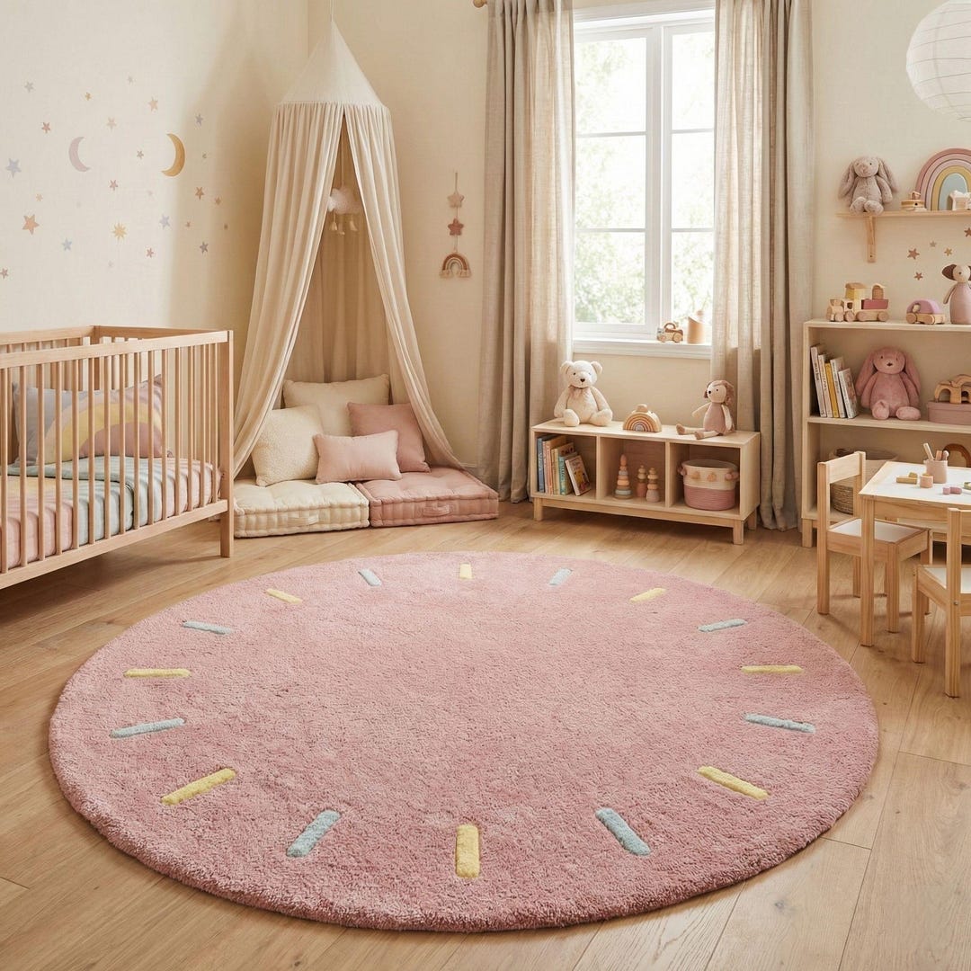 Sprinkles Rug Round Dusty Pink Wool Nursery Rug, Modern Hand Tufted Pastel Colorful ...