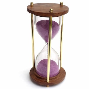 Handmade Wooden Hourglass: Brass Frame, Green Sand - 5 Minute Timer