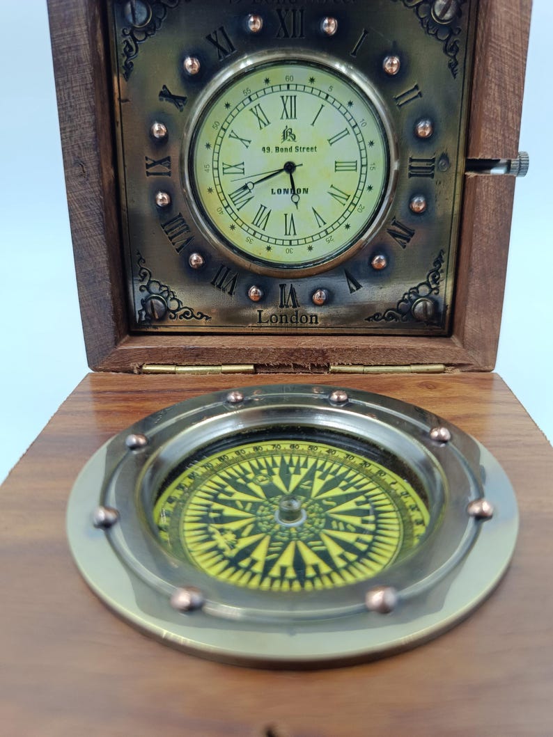 Vintage Brass Compass & Clock in Wooden Box – Nautical Collectible | 49 ...