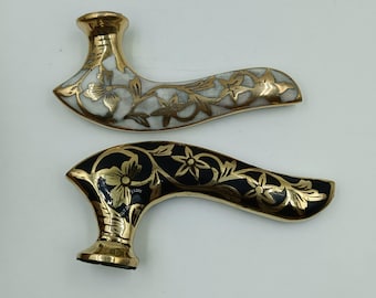 Enamel Inlay Brass Cane Handles: Floral Walking Stick Tops - Set of 2