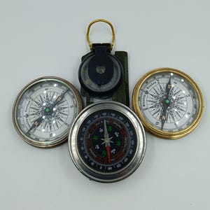 Set of 4 Vintage Brass & Military Compasses | Kelvin Hughes, Calendar, Lensatic, Pocket Metal Compass | Nautical Gift Set