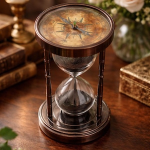 Vintage Brass Hourglass with Compass | Nautical Desk Decor