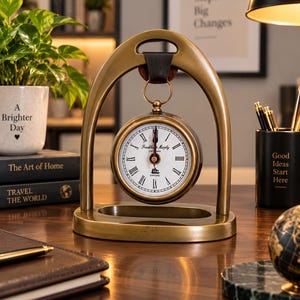 May include: A brass-toned metal desk clock suspended from an arched frame by a dark leather strap. The clock face is white with black Roman numerals and the text Franklin Murphy Est 1990 Oxford. The clock features black hour and minute hands.