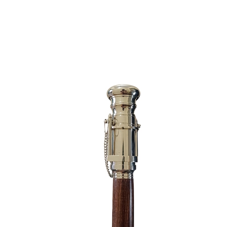 Pu&ograve; includere: Bastone da passeggio color argento con un'asta in legno marrone scuro. La parte superiore del bastone presenta un design metallico decorativo con un piccolo dettaglio a catena. Il bastone &egrave; progettato per il supporto e la mobilit&agrave;.