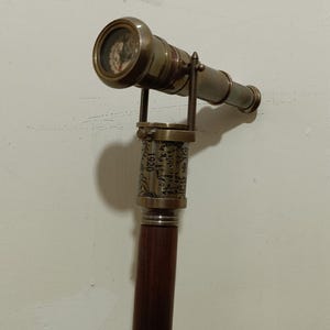 Victorian Spyglass Walking Stick Cane – Wooden Shaft with Antique Brass Compass Handle – Nautical Vintage Style