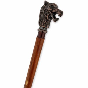 Bastón con cabeza de lobo, mango de latón, bastón gótico para caballero (91 cm)
