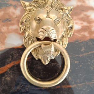 Pode incluir: Uma aldrava de porta de latão com a forma de uma cabeça de leão com uma pega em anel. O leão tem detalhes, incluindo uma juba, olhos e nariz. A aldrava está montada numa superfície escura.