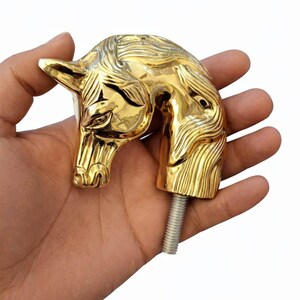 Könnte beinhalten: Ein goldfarbener Möbelgriff in Form eines Pferdekopfes. Der Griff wird in einer Hand gehalten, wodurch die detaillierte Gestaltung von Mähne und Gesicht hervorgehoben wird. Er hat einen Gewindebolzen zur Befestigung. Dekoratives Element.