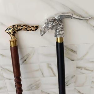 Set of 2 Vintage Brass Walking Sticks – Antique Wooden Cane Collectible, Victorian Style Gift