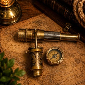 May include: A brass telescope with a silver-toned section, a brass microscope with an intricate black floral pattern, and a round brass compass. These nautical instruments are arranged on a vintage-style map showing the Arabian Sea and Indian Ocean.