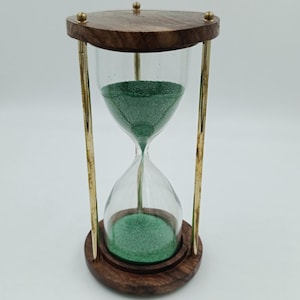 Handmade Wooden Hourglass Timer – 5 Minute Sand Timer with Brass Frame & Green Sand | Desk Decor Gift