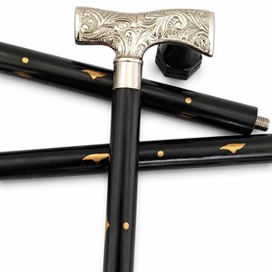 Walking stick med Derby-handtag i silvermässing – Hopfällbar käpp i svart lövträ, mobilitetsstöd i vintagestil