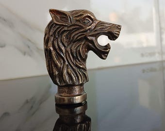 Brass Wolf Head Walking Stick Handle | Vintage Gothic Cane Knob