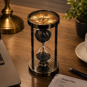 May include: An antique brass hourglass with a compass design on top. The glass bulbs contain dark sand. The hourglass is set on a wooden desk next to a laptop, a cup of coffee, and a pen. The hourglass is a decorative item.