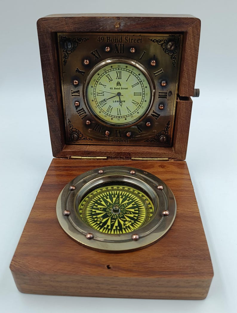 Vintage Brass Compass & Clock in Wooden Box – Nautical Collectible | 49 ...