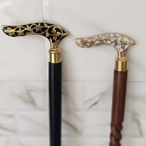 Vintage Brass Floral Walking Sticks - Victorian Style Wooden Canes - Set of 2