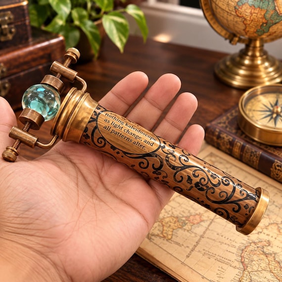 Antique Brass Kaleidoscope, Handcrafted Marble Optical Toy, Steampunk Desk Decor