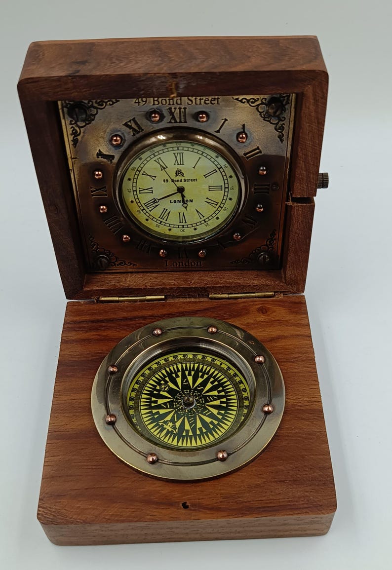Vintage Brass Compass & Clock in Wooden Box – Nautical Collectible | 49 ...