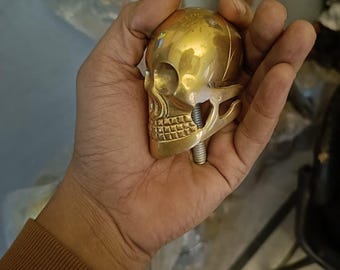 Brass Skull Walking Stick Handle | Handmade Gothic Cane Top