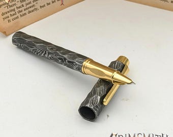 限定版ダマスカス槌目万年筆｜真鍮グリップ付き手作り高級ダマスカス鋼ペン｜カスタム彫刻入り木製ギフトボックス