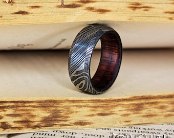 Hand-Forged Damascus Steel Ring: Mahogany Wood Liner, Viking Norse Style