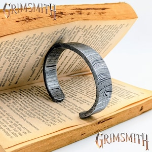Titan Damascus Cuff – 15mm x 6mm Wide Thick Damascus Steel Bracelet, Hand Forged Pattern Bangle for Men, Bold Statement Jewelry Gift