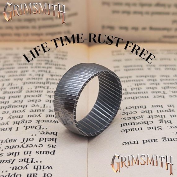 The Valkyrie – Domed Damascus Stainless Steel Ring for Men, Viking Norse Wedding Band, Rust-Free, Intricate Pattern, Custom Anniversary Gift