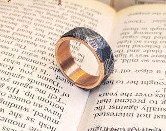 Hammered Damascus Steel & Copper Ring: Forged Wedding Band