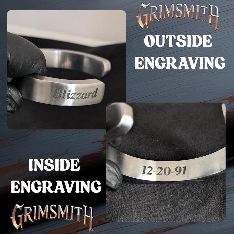 May include: A silver-colored metal bracelet with the word "Blizzard" engraved on the outside. The inside of the bracelet has the date "12-20-91" engraved. The image also includes the text "OUTSIDE ENGRAVING" and "INSIDE ENGRAVING".