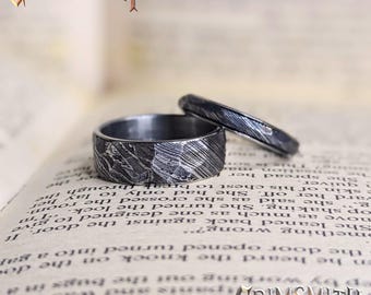 Damascus Steel Wedding Band: Hammered Silver Ring, Deep Etched Wave Pattern