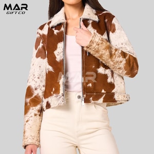 Handmade Genuine Cowhide Leather Jacket for Women Natural Hair-On Cow Skin Fashion vintage jacket Coat western style coat gift for her