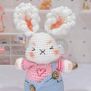 Crochet Bunny Pattern PDF, Amigurumi Rabbit in Overalls with Heart, Cute Stuffed Animal Plush Toy Tutorial, DIY Beginner Gift