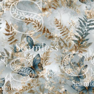 Elegant Blue Butterfly and Golden Fern Seamless Pattern | Luxury Nature-Inspired Digital Paper for Fabric & Crafts